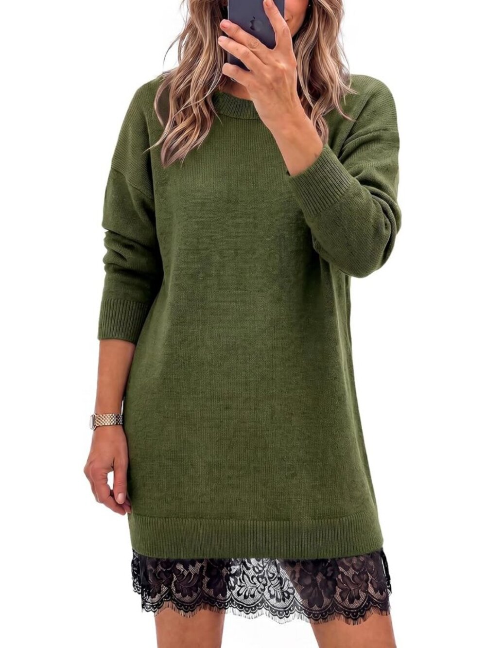 Chic Women's Fall Long Sleeve Lace Knit Sweater Mini Dress - Casual & Stylish